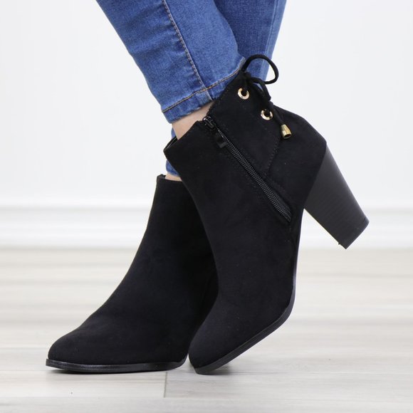 Black Pointed Toe Low Heel Ankle Boots Back Laces Booties Faux Suede - Picture 12 of 15